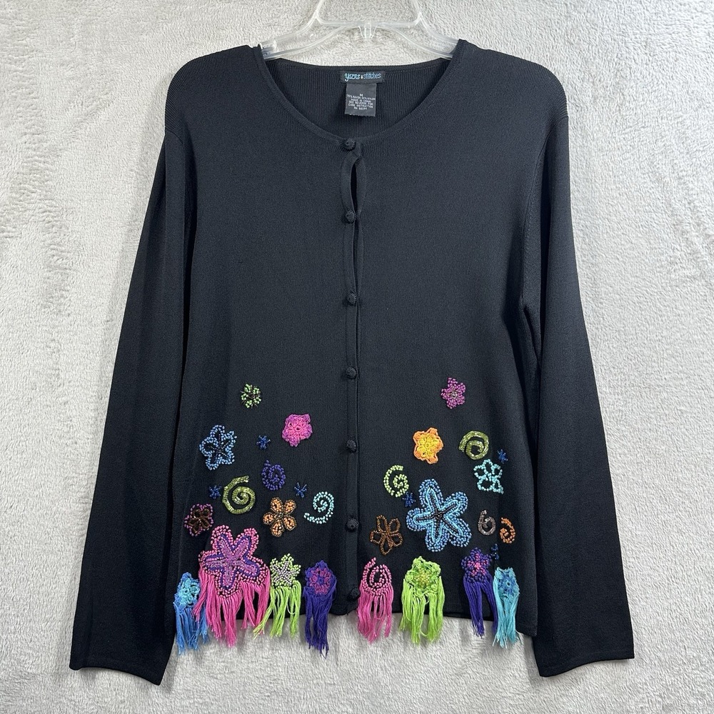 VTG Yarns & Stitches Cardigan Women's‎ M Embroidered Artsy Floral Whimsical